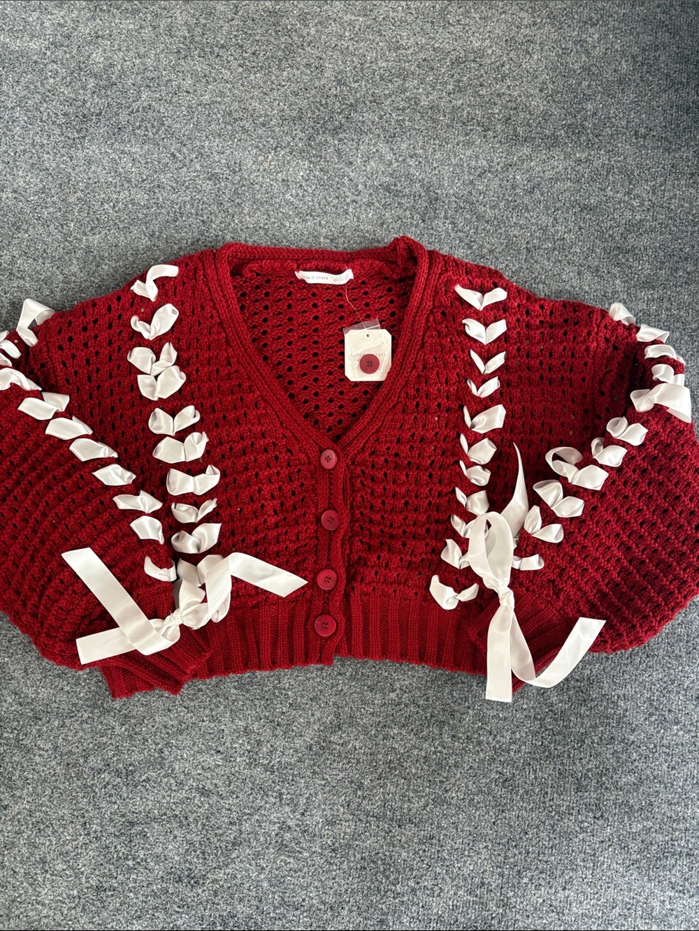 Altar'd State Red Crochet V-Neck Cardigan with White Ribbon Trim - Size XXS